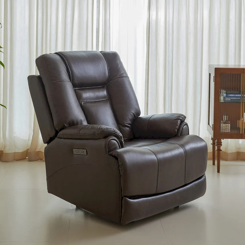 Sillón Reclinable Eléctrico de Gravedad Cero de Cuero Genuino con Reposacabezas Ajustable y Carga USB