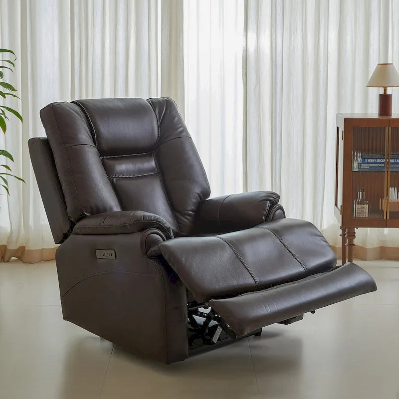 Sillón Reclinable Eléctrico de Gravedad Cero de Cuero Genuino con Reposacabezas Ajustable y Carga USB