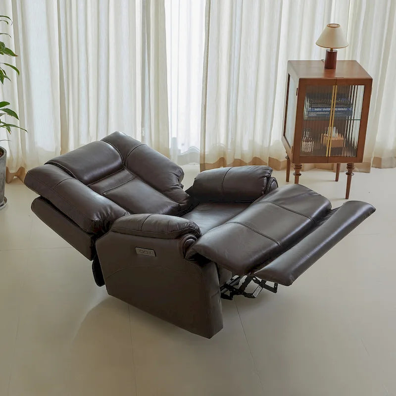 Sillón Reclinable Eléctrico de Gravedad Cero de Cuero Genuino con Reposacabezas Ajustable y Carga USB