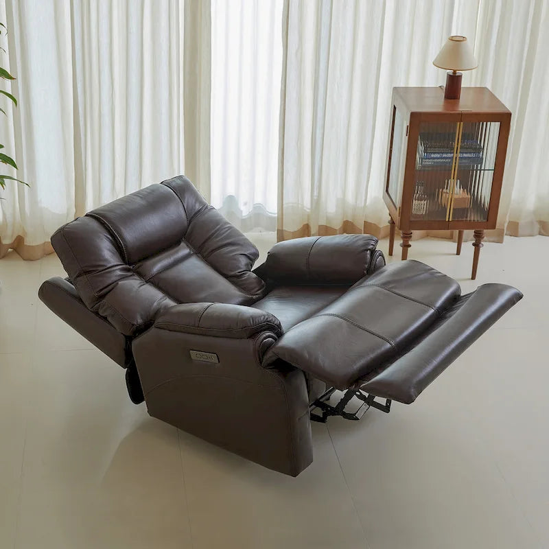 Sillón Reclinable Eléctrico de Gravedad Cero de Cuero Genuino con Reposacabezas Ajustable y Carga USB