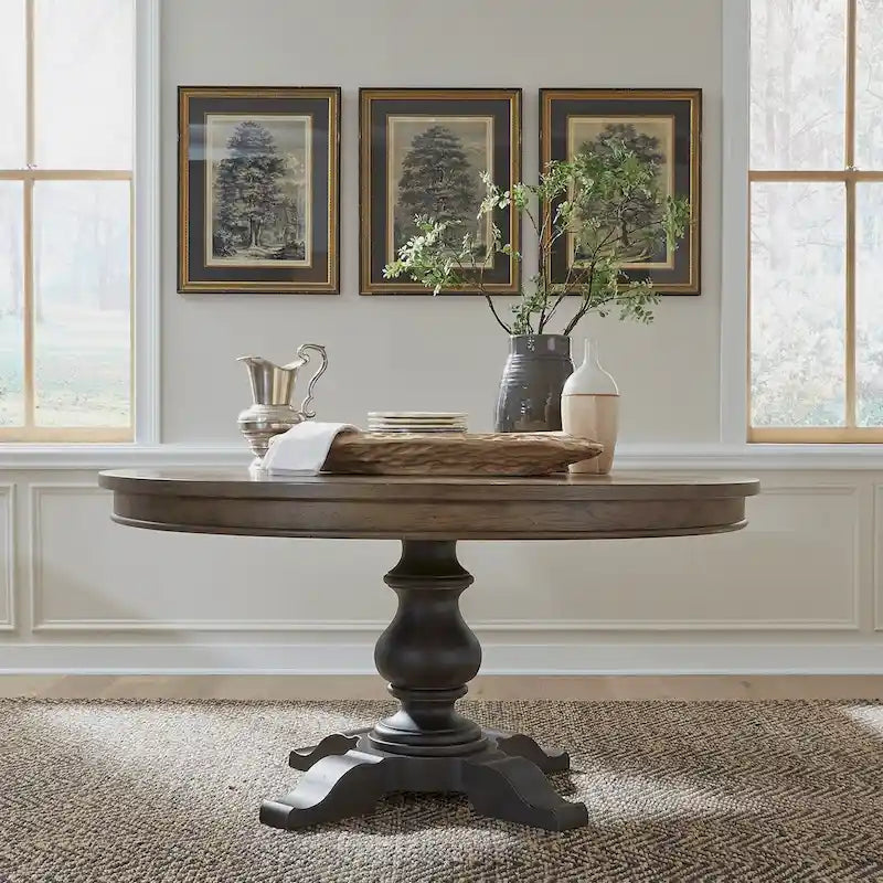 Mesa de comedor redonda con pedestal y tablero de chapa de roble con diseño de estrella