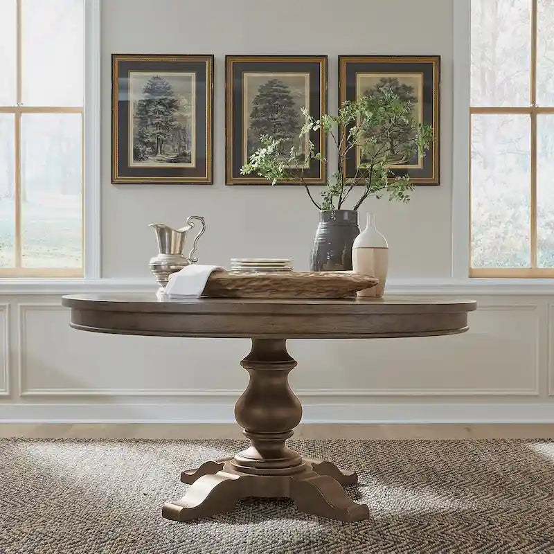 Mesa de comedor redonda con pedestal y tablero de chapa de roble con diseño de estrella