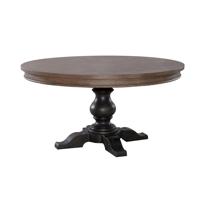 Mesa de comedor redonda con pedestal y tablero de chapa de roble con diseño de estrella
