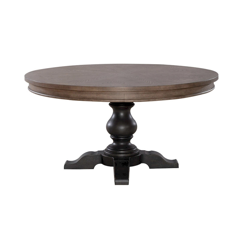 Mesa de comedor redonda con pedestal y tablero de chapa de roble con diseño de estrella