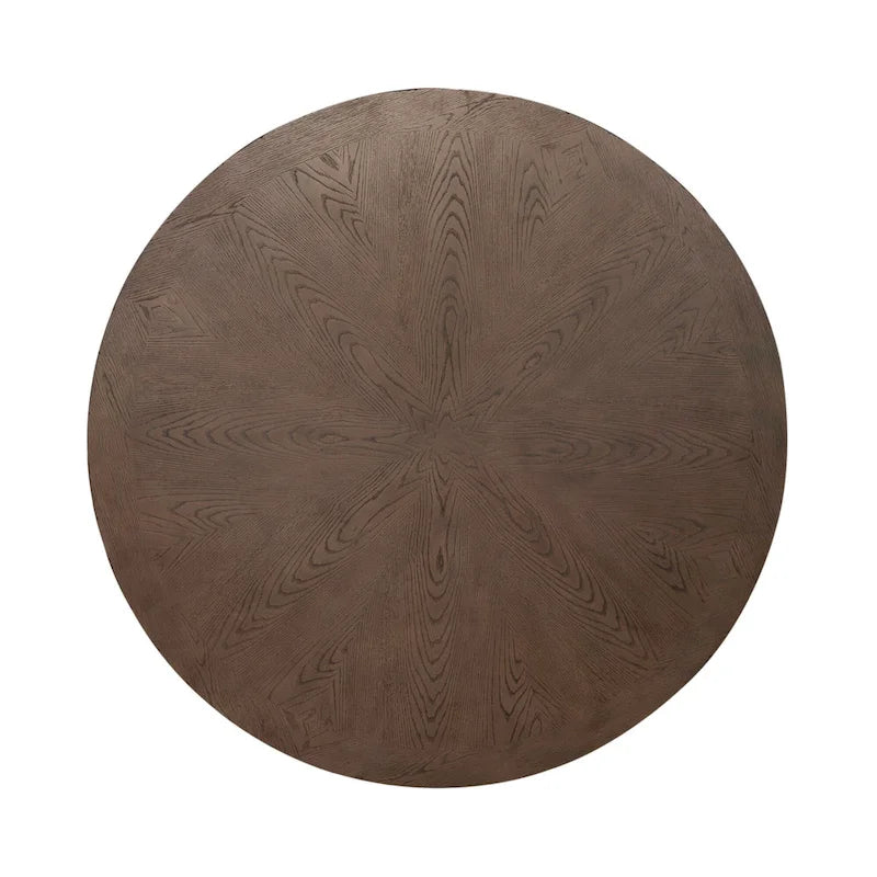 Mesa de comedor redonda con pedestal y tablero de chapa de roble con diseño de estrella