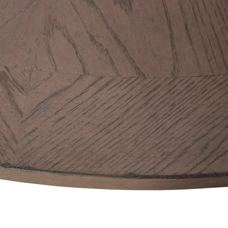 Mesa de comedor redonda con pedestal y tablero de chapa de roble con diseño de estrella