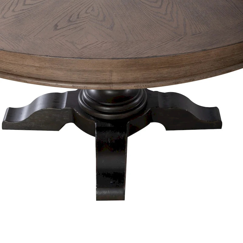 Mesa de comedor redonda con pedestal y tablero de chapa de roble con diseño de estrella