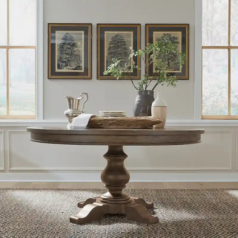 Mesa de comedor redonda con pedestal y tablero de chapa de roble con diseño de estrella