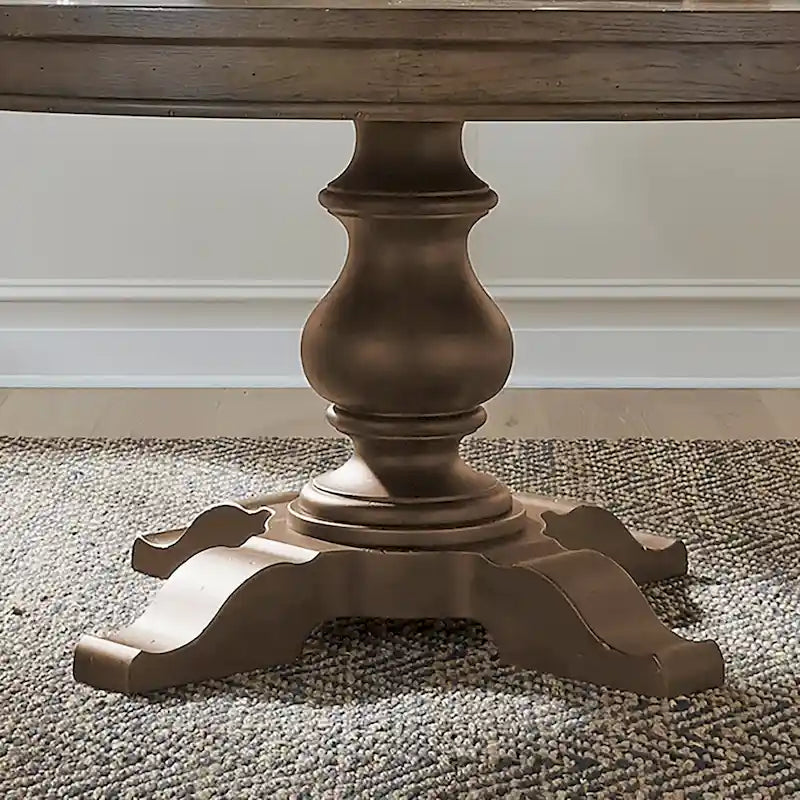 Mesa de comedor redonda con pedestal y tablero de chapa de roble con diseño de estrella