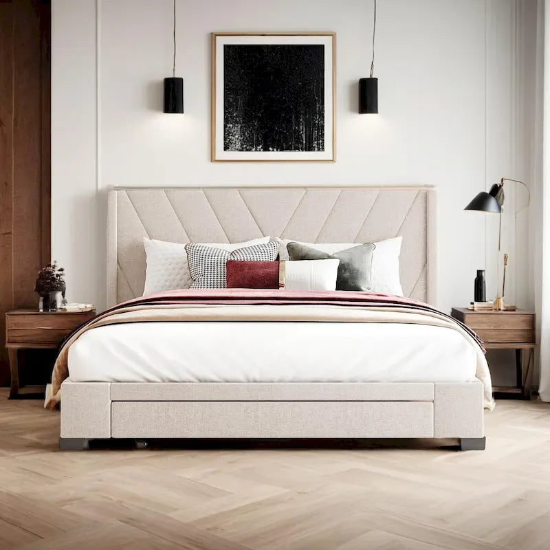 Cama Queen con Plataforma, Cajones de Almacenamiento y Cabecera Tapizada en Lino