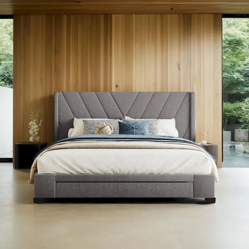 Cama Queen con Plataforma, Cajones de Almacenamiento y Cabecera Tapizada en Lino