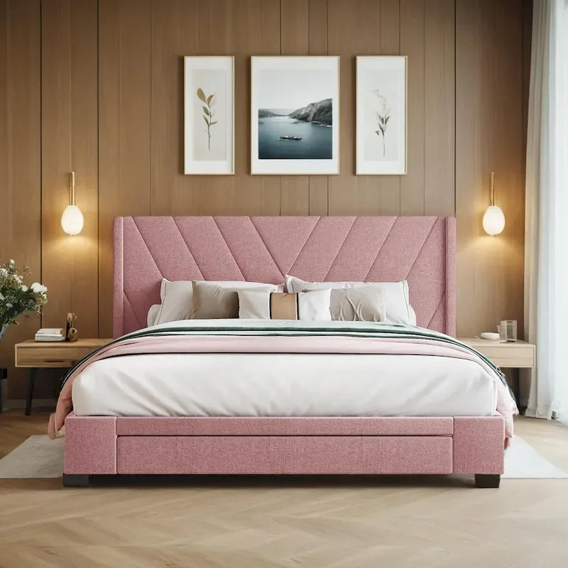 Cama Queen con Plataforma, Cajones de Almacenamiento y Cabecera Tapizada en Lino