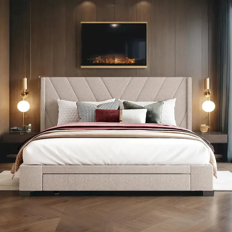 Cama Queen con Plataforma, Cajones de Almacenamiento y Cabecera Tapizada en Lino