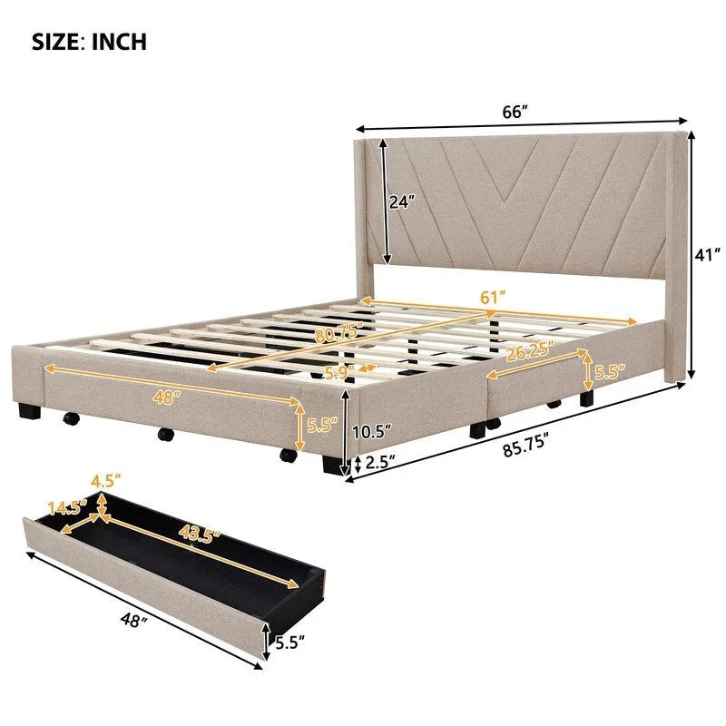 Cama Queen con Plataforma, Cajones de Almacenamiento y Cabecera Tapizada en Lino