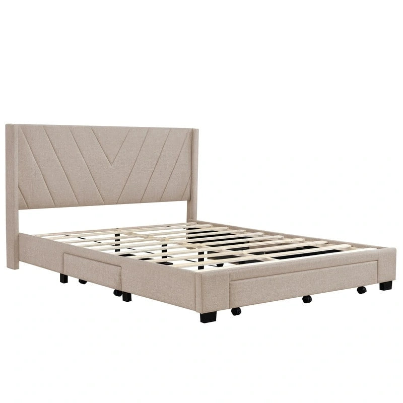 Cama Queen con Plataforma, Cajones de Almacenamiento y Cabecera Tapizada en Lino