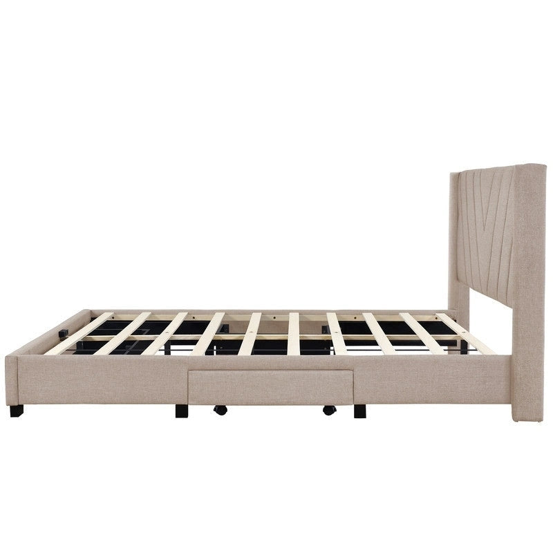 Cama Queen con Plataforma, Cajones de Almacenamiento y Cabecera Tapizada en Lino