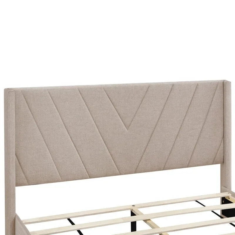 Cama Queen con Plataforma, Cajones de Almacenamiento y Cabecera Tapizada en Lino