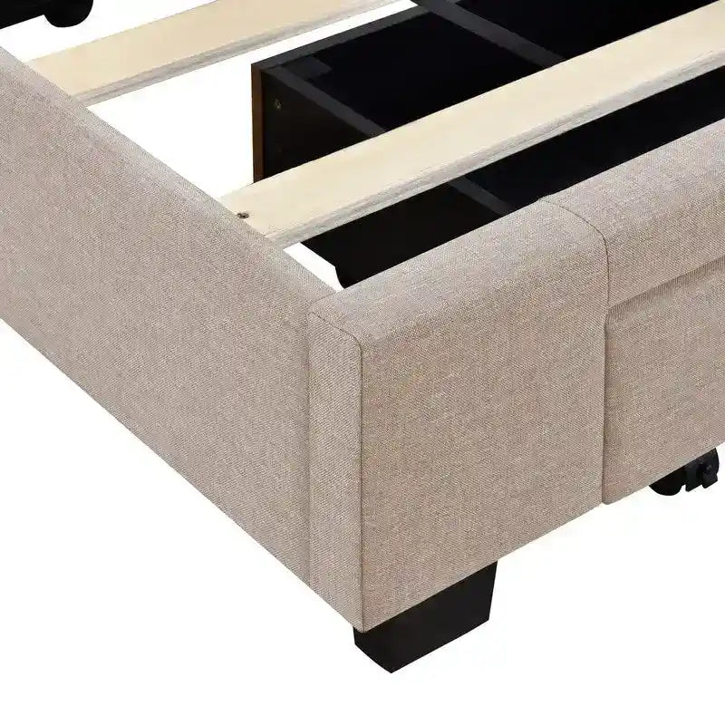 Cama Queen con Plataforma, Cajones de Almacenamiento y Cabecera Tapizada en Lino