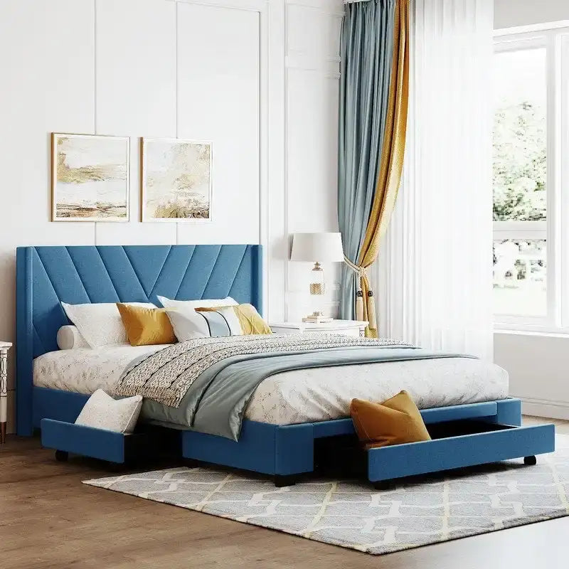 Cama Queen con Plataforma, Cajones de Almacenamiento y Cabecera Tapizada en Lino