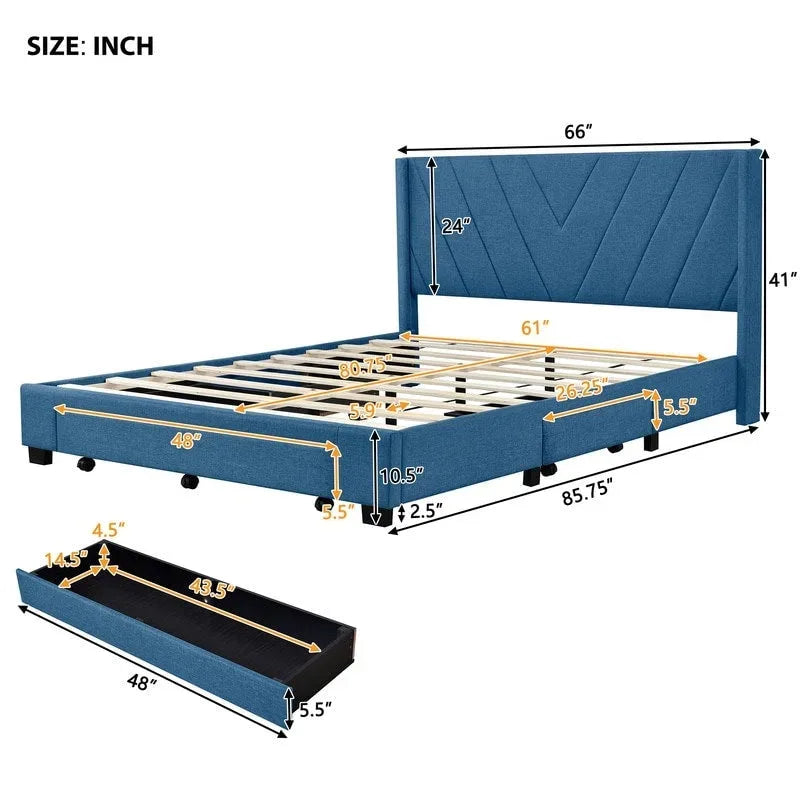 Cama Queen con Plataforma, Cajones de Almacenamiento y Cabecera Tapizada en Lino