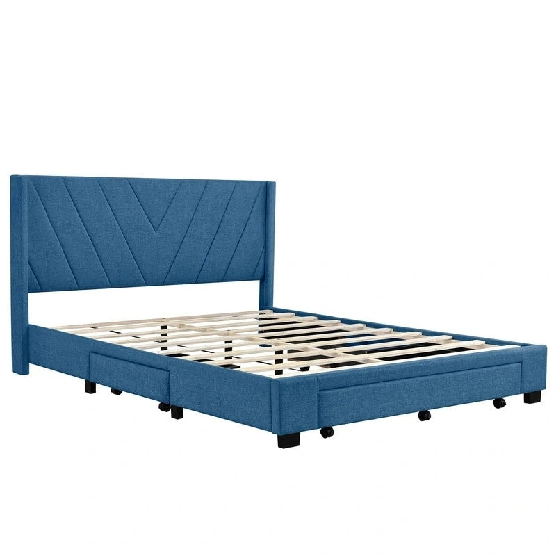 Cama Queen con Plataforma, Cajones de Almacenamiento y Cabecera Tapizada en Lino