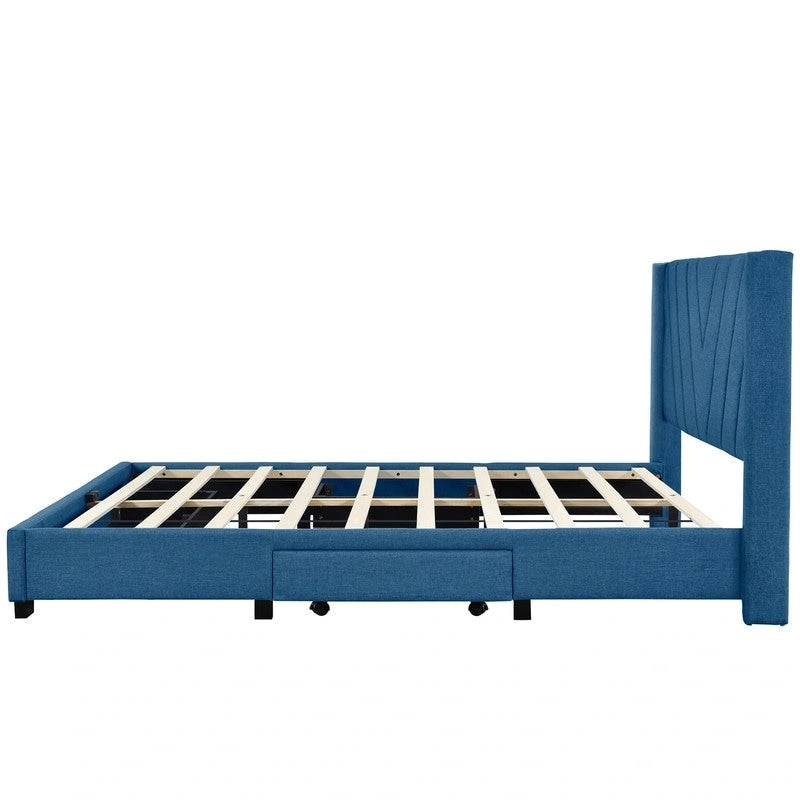 Cama Queen con Plataforma, Cajones de Almacenamiento y Cabecera Tapizada en Lino