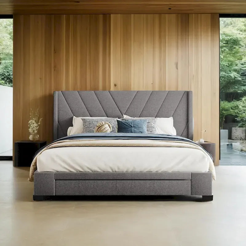 Cama Queen con Plataforma, Cajones de Almacenamiento y Cabecera Tapizada en Lino
