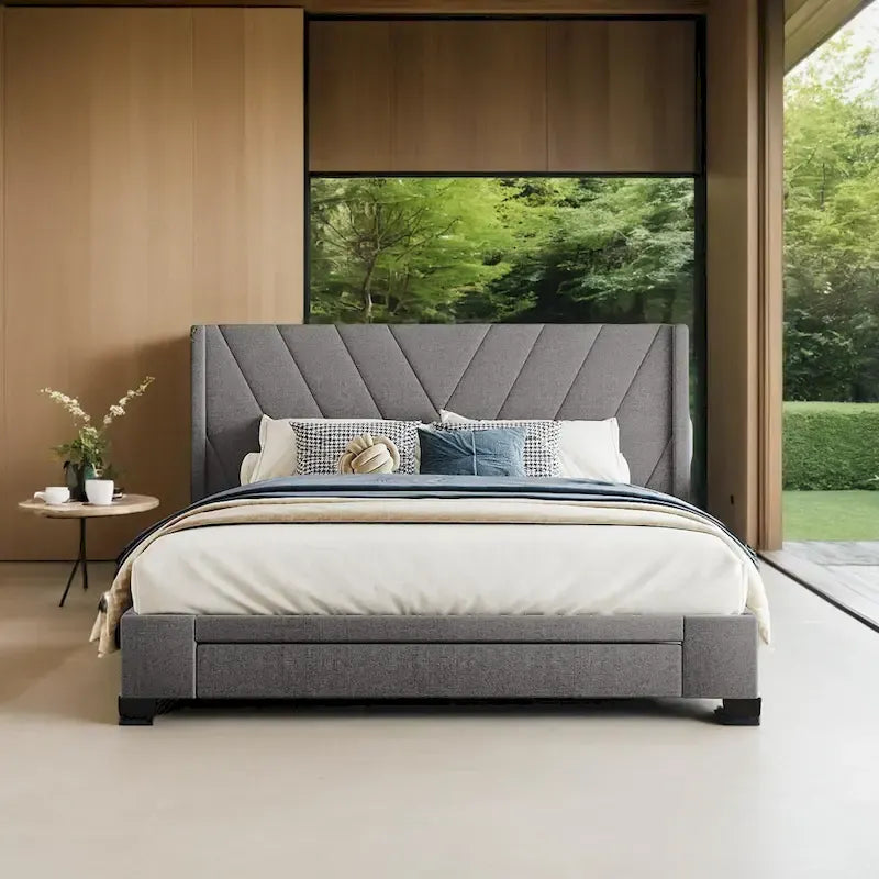 Cama Queen con Plataforma, Cajones de Almacenamiento y Cabecera Tapizada en Lino