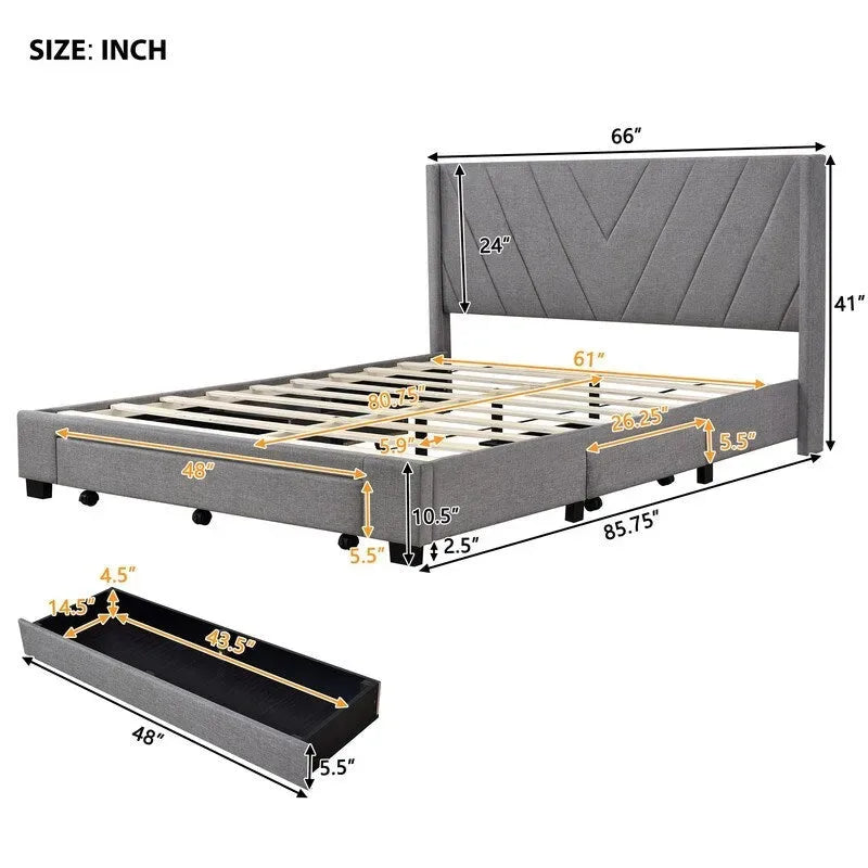 Cama Queen con Plataforma, Cajones de Almacenamiento y Cabecera Tapizada en Lino