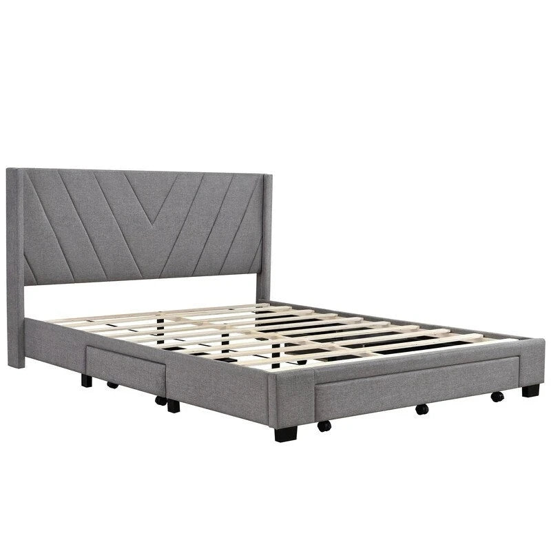 Cama Queen con Plataforma, Cajones de Almacenamiento y Cabecera Tapizada en Lino