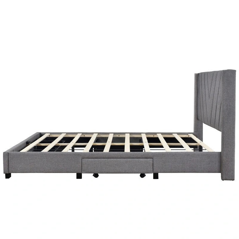 Cama Queen con Plataforma, Cajones de Almacenamiento y Cabecera Tapizada en Lino