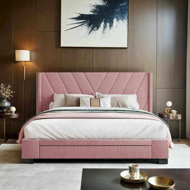 Cama Queen con Plataforma, Cajones de Almacenamiento y Cabecera Tapizada en Lino