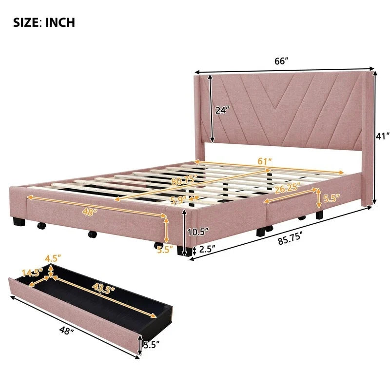 Cama Queen con Plataforma, Cajones de Almacenamiento y Cabecera Tapizada en Lino