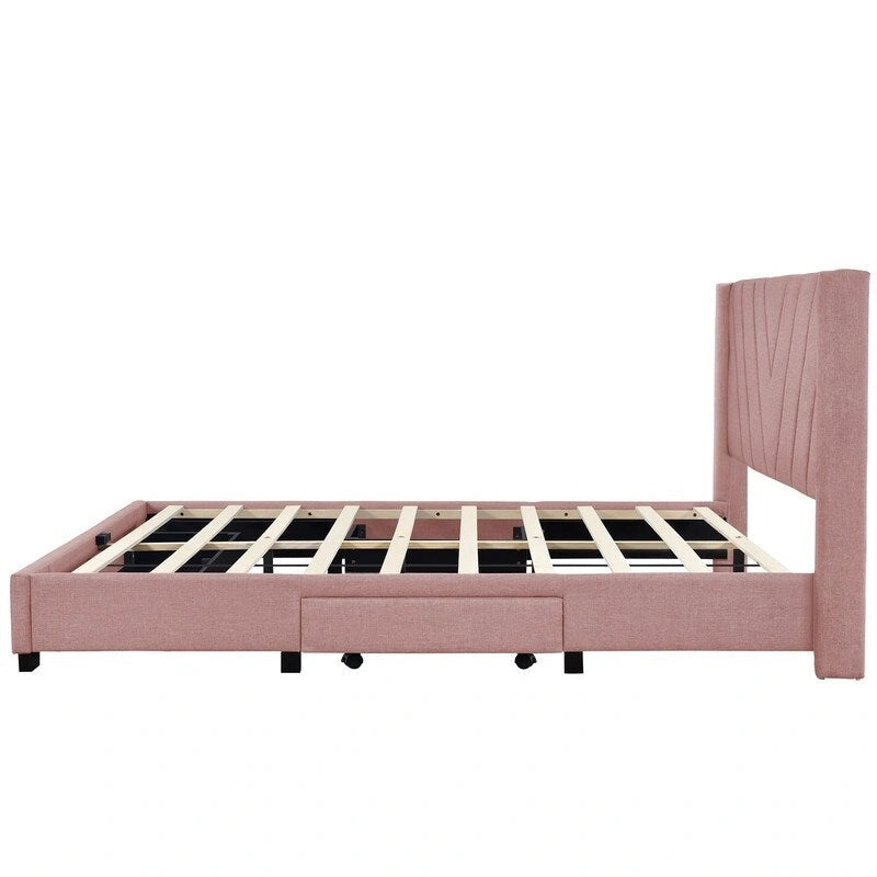 Cama Queen con Plataforma, Cajones de Almacenamiento y Cabecera Tapizada en Lino