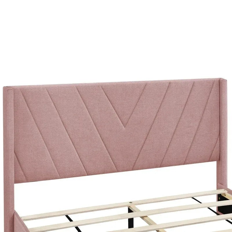Cama Queen con Plataforma, Cajones de Almacenamiento y Cabecera Tapizada en Lino