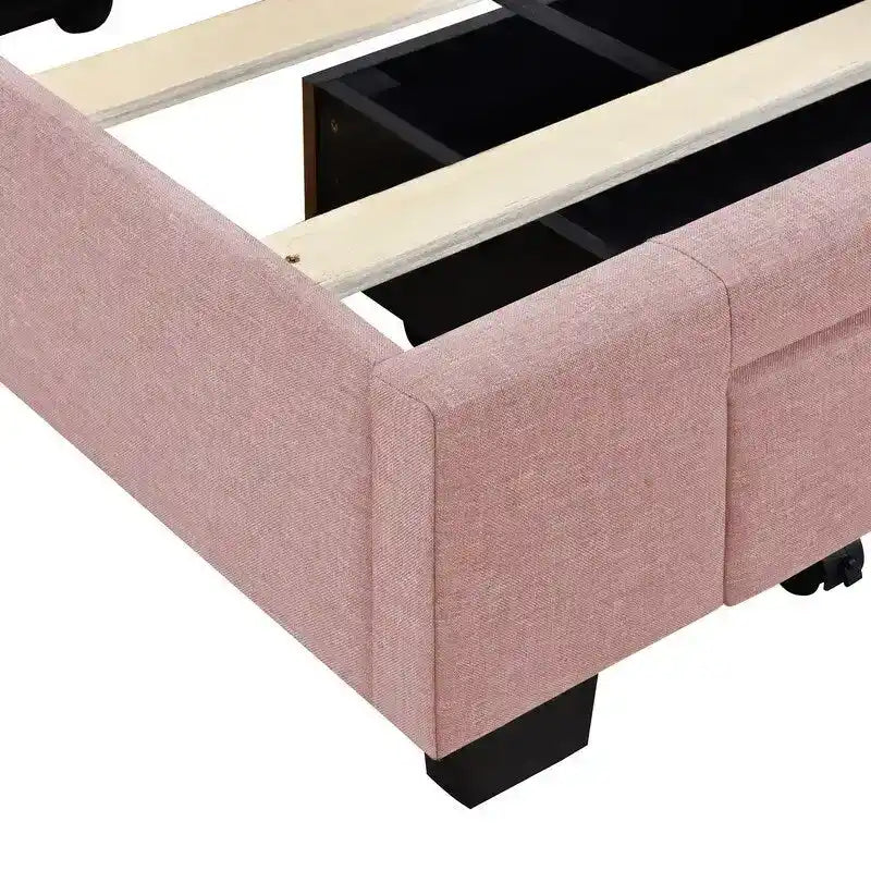 Cama Queen con Plataforma, Cajones de Almacenamiento y Cabecera Tapizada en Lino