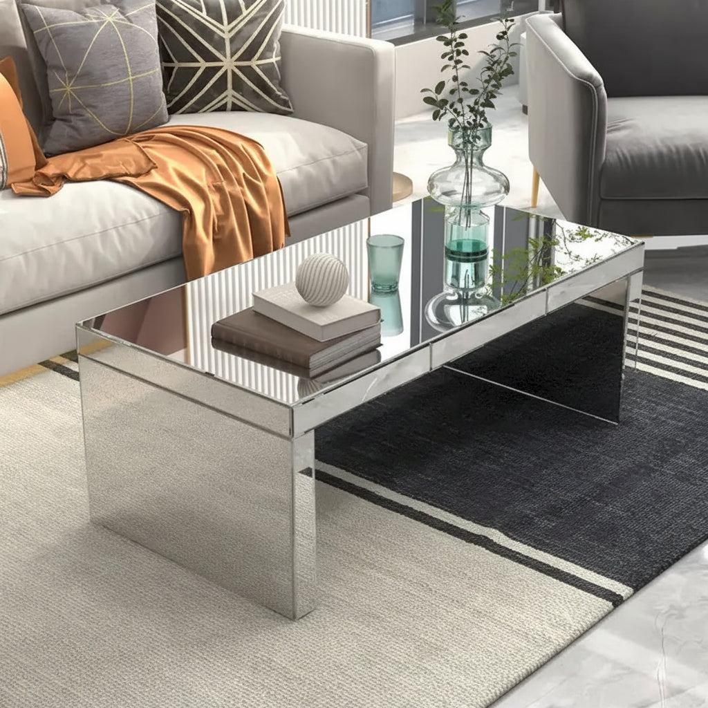 Mesa de centro rectangular con espejo Glam Glass, mesa auxiliar plateada