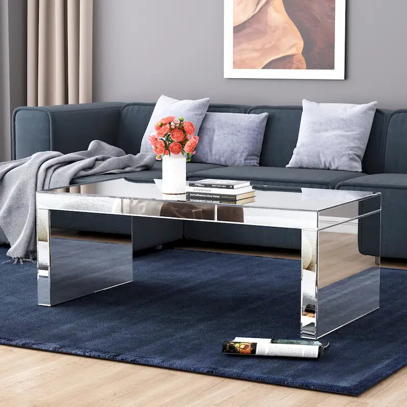 Mesa de centro rectangular con espejo Glam Glass, mesa auxiliar plateada