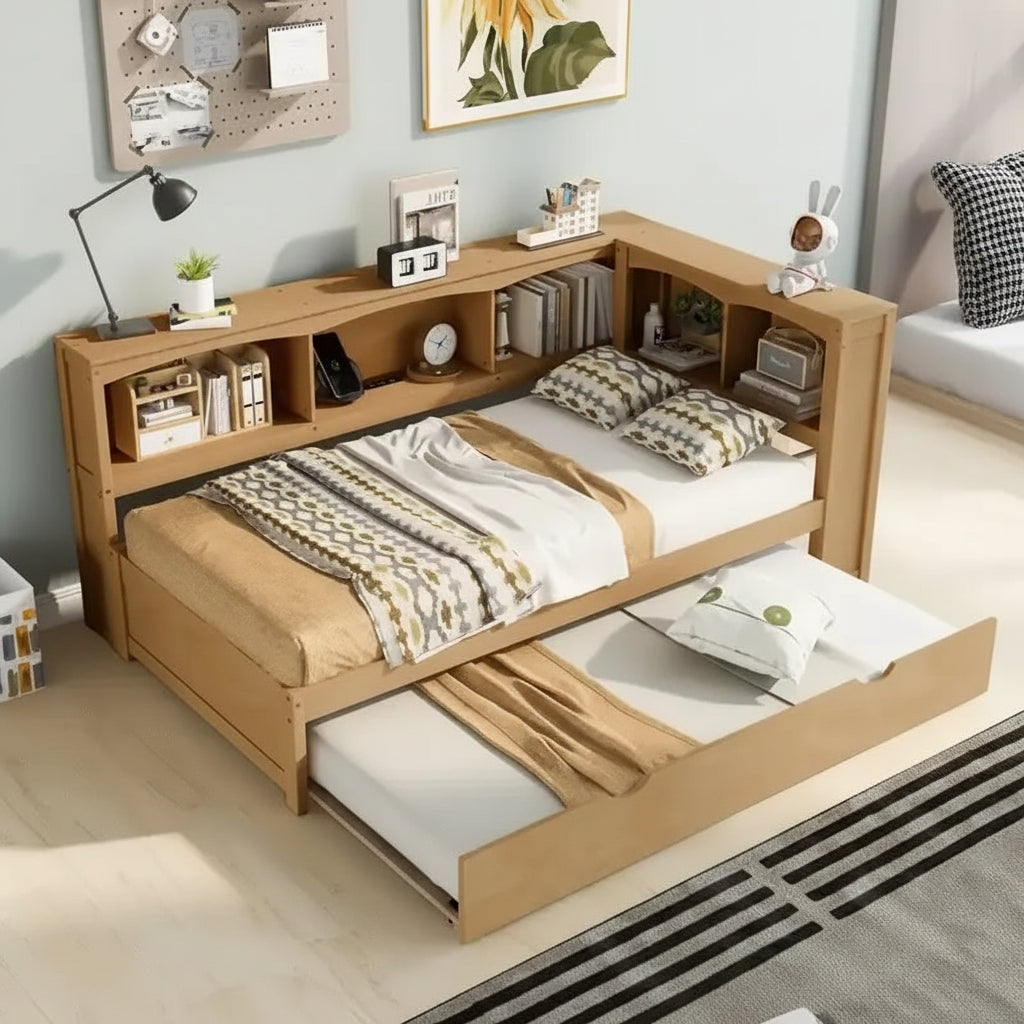 Twin Size Daybed with Trundle,Storage Cabinets and USB Ports