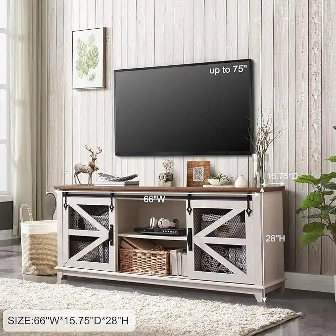 Mueble de TV de Granja con Gabinetes de Almacenamiento, Centro de Entretenimiento de 66 Pulgadas