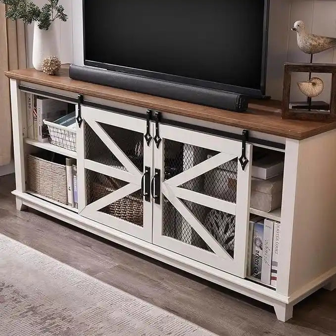 Mueble de TV de Granja con Gabinetes de Almacenamiento, Centro de Entretenimiento de 66 Pulgadas