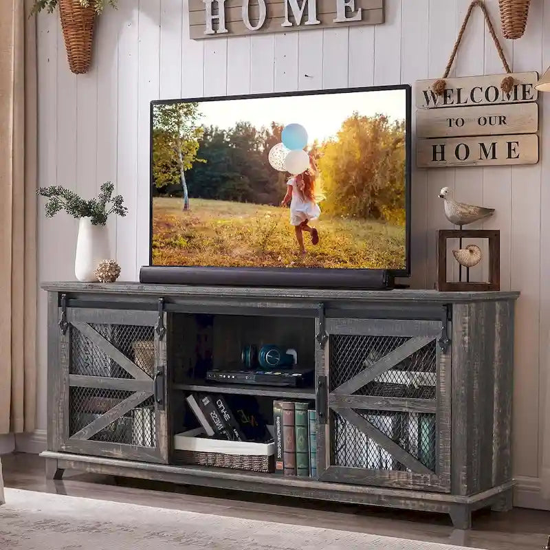 Mueble de TV de Granja con Gabinetes de Almacenamiento, Centro de Entretenimiento de 66 Pulgadas