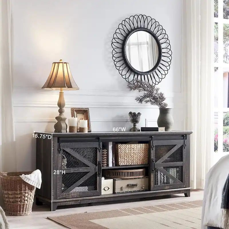 Mueble de TV de Granja con Gabinetes de Almacenamiento, Centro de Entretenimiento de 66 Pulgadas