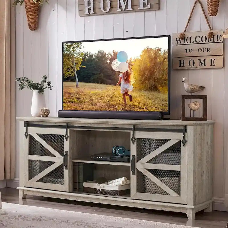 Mueble de TV de Granja con Gabinetes de Almacenamiento, Centro de Entretenimiento de 66 Pulgadas
