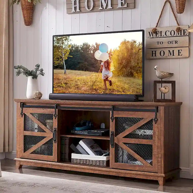 Mueble de TV de Granja con Gabinetes de Almacenamiento, Centro de Entretenimiento de 66 Pulgadas