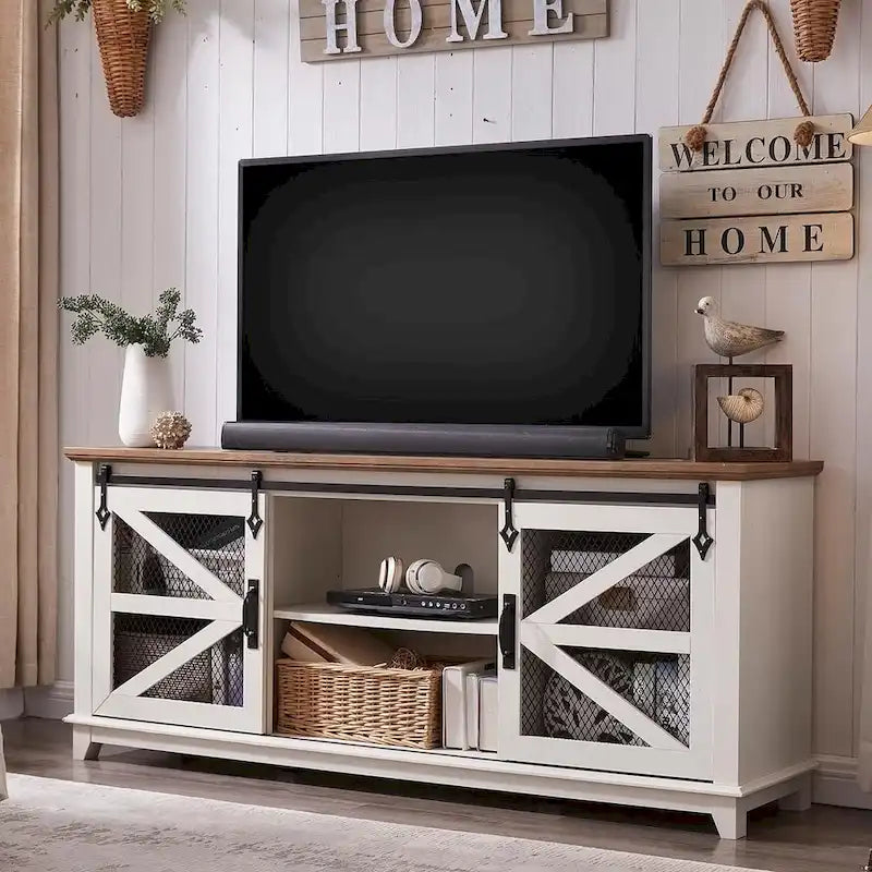 Mueble de TV de Granja con Gabinetes de Almacenamiento, Centro de Entretenimiento de 66 Pulgadas