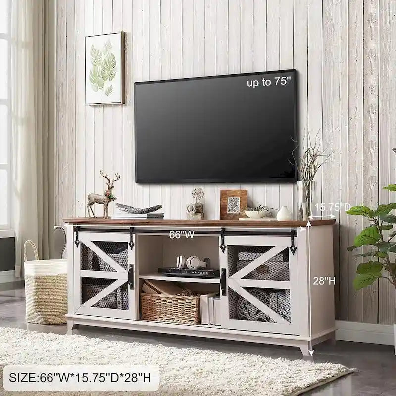 Mueble de TV de Granja con Gabinetes de Almacenamiento, Centro de Entretenimiento de 66 Pulgadas