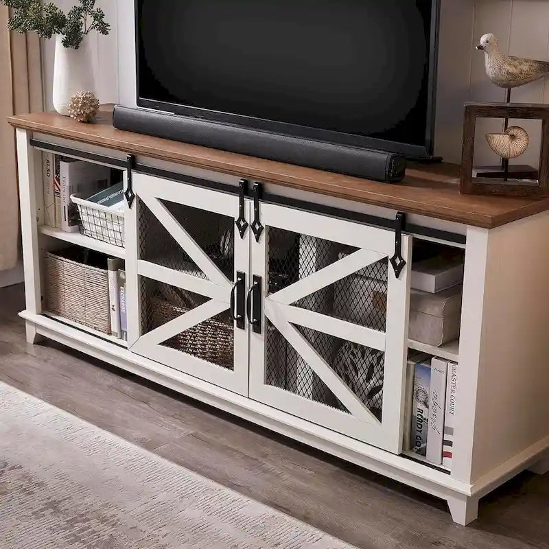 Mueble de TV de Granja con Gabinetes de Almacenamiento, Centro de Entretenimiento de 66 Pulgadas