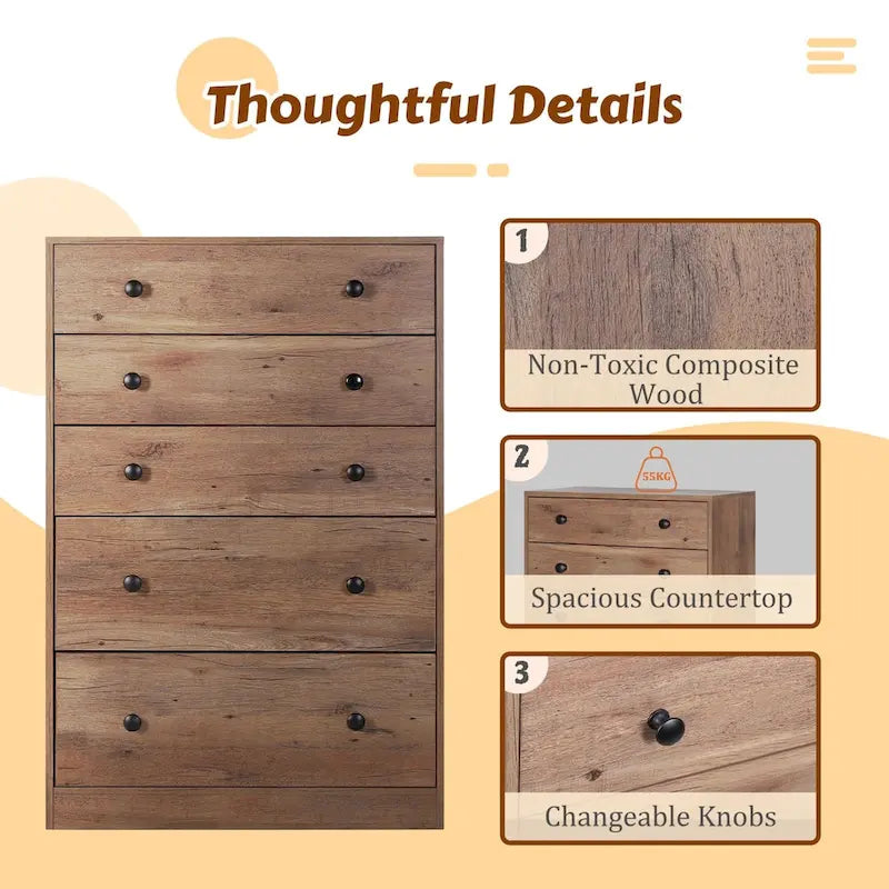 Cómoda de 5 cajones de 31.5 pulgadas de ancho – Organizador de almacenamiento para dormitorio