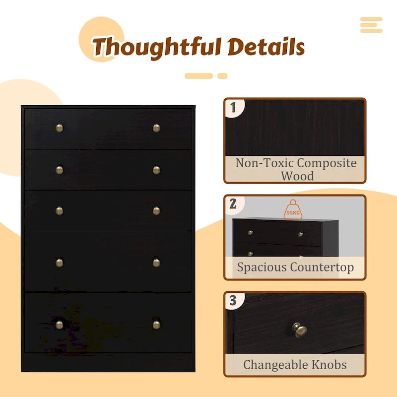 Cómoda de 5 cajones de 31.5 pulgadas de ancho – Organizador de almacenamiento para dormitorio